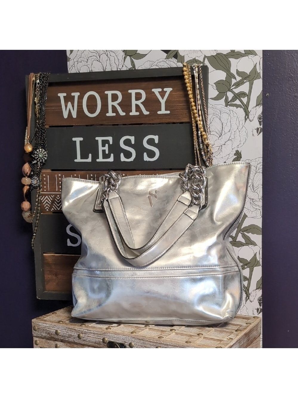 Simply Vera Silver Tote Bag with Chain Handles